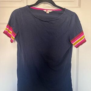 Boden Navy Tee with Pink & Yellow Stripe Sleeve Accents